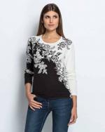 Ovanti Strickdesign Pullover mit Blüten & Strass - Größe 48, Schwarz/Weiß